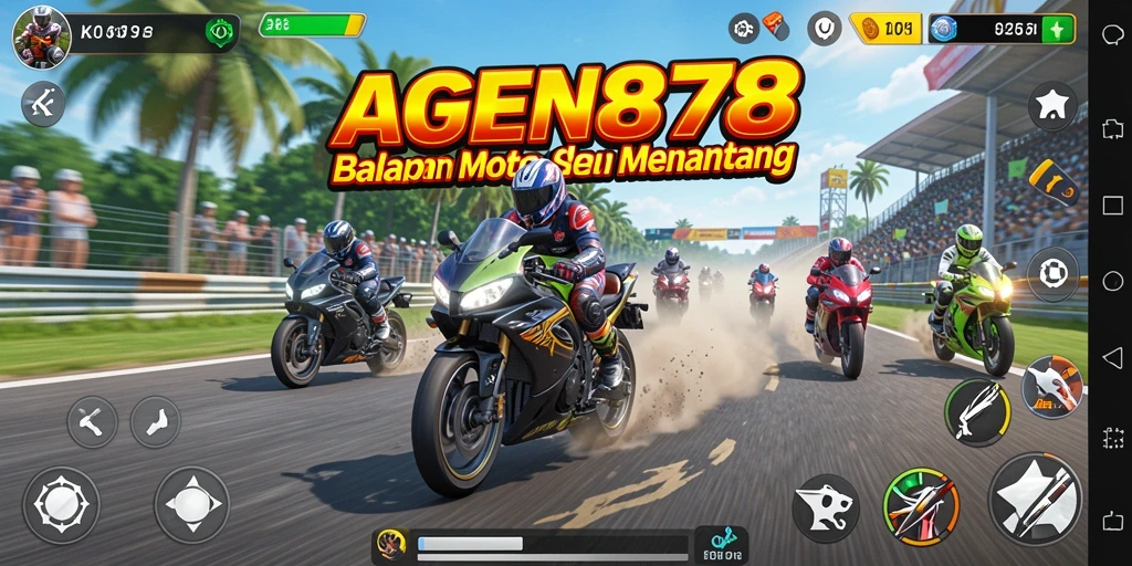 Tampilan gameplay AGEN878 dengan aksi balapan motor yang intens.