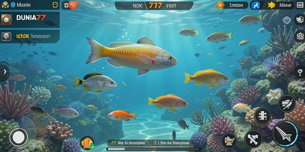 Gameplay seru DUNIA77 saat menembak ikan yang berwarna-warni.