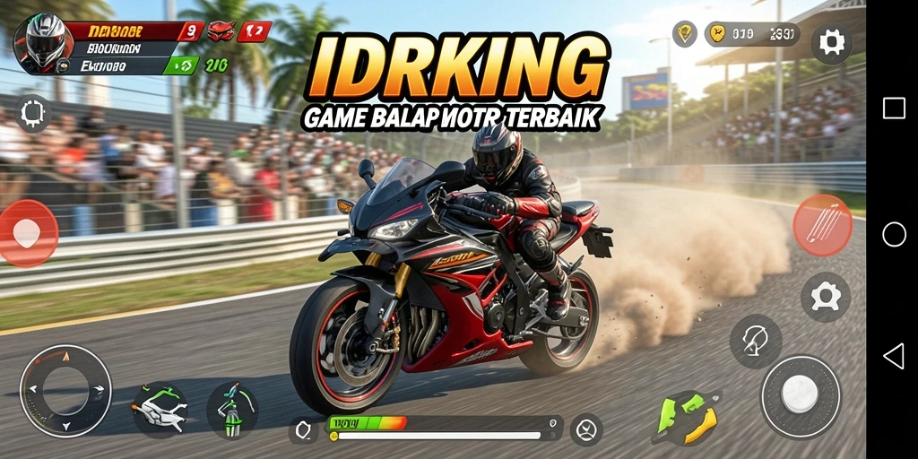 Tampilan gameplay menegangkan dalam IDRKING dengan balapan motor yang cepat.