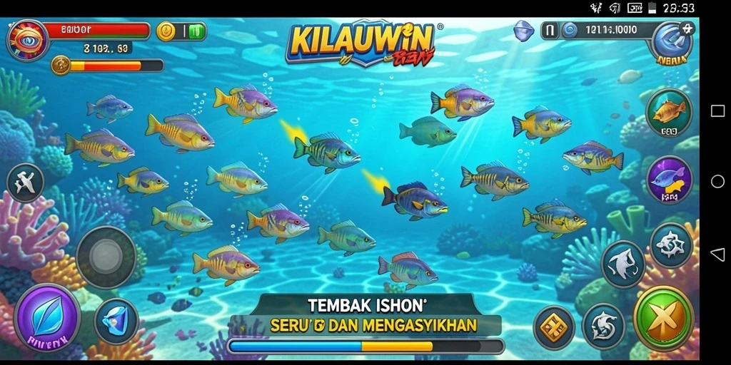 Tangkapan layar gameplay KILAUWIN yang penuh aksi menembak ikan.
