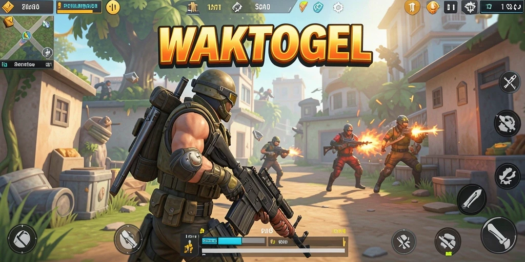 Tangkapan layar utama WAKTOGEL menampilkan aksi seru di arena Battle Royale.